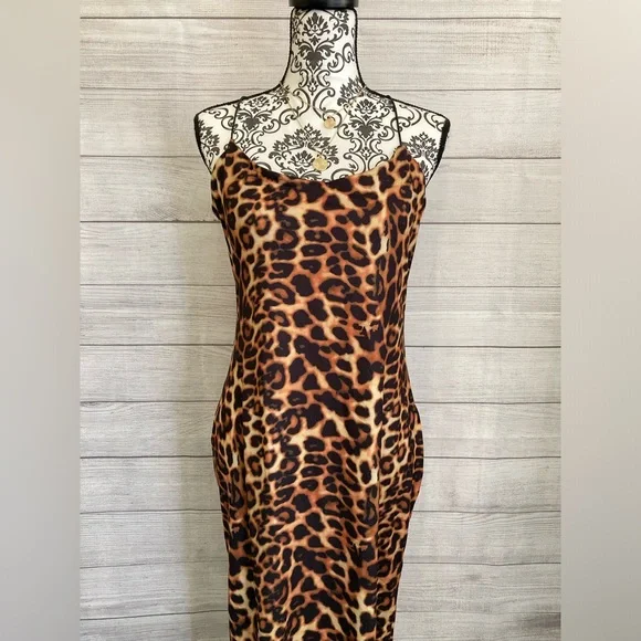 CBR | NWT Chic /Boutique /Rose Leopard Spaghetti Strap Bodycon Dress - Picture 1 of 7